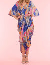 Multi Print V-Neck Drape Dress