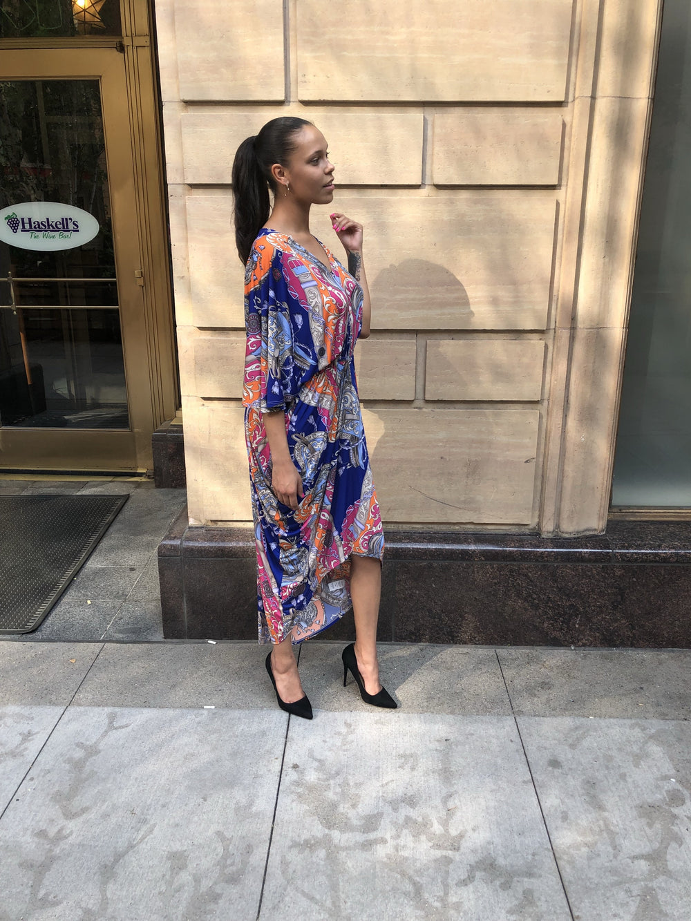 Multi Print V-Neck Drape Dress